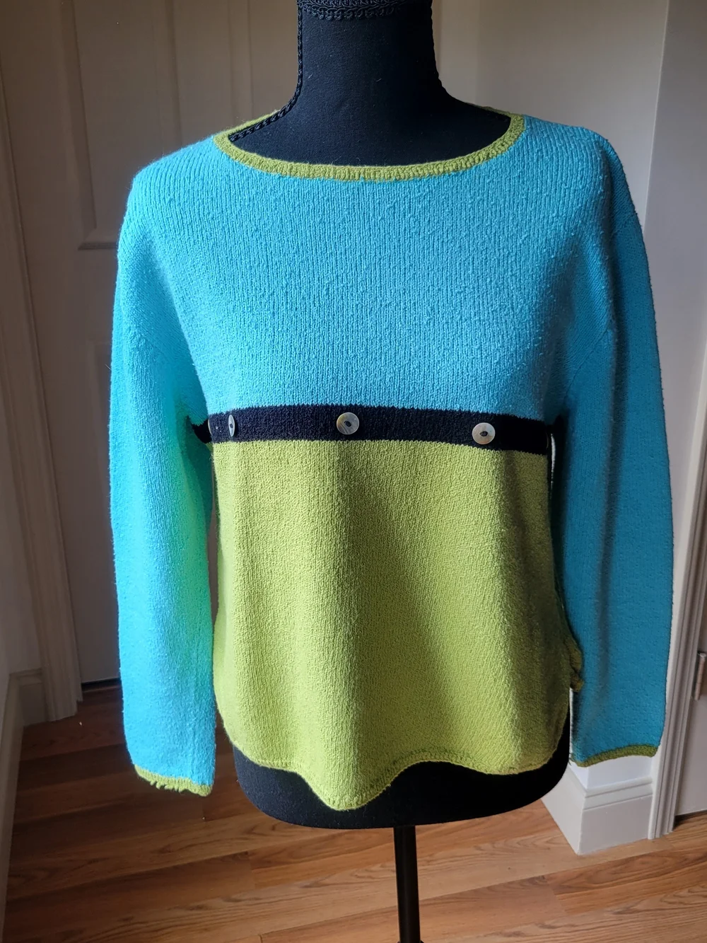 Vintage Colorblock Knit Pullover Sweater Aqua Blue Lime Green Button Accent M